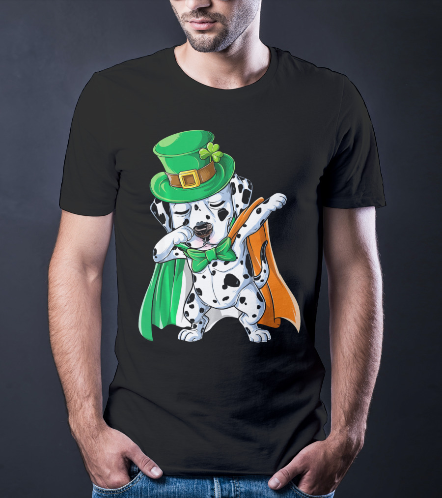 Saint Patrick's Day Dabbing Dalmatian In Green Hat And Irish Colors T-Shirt