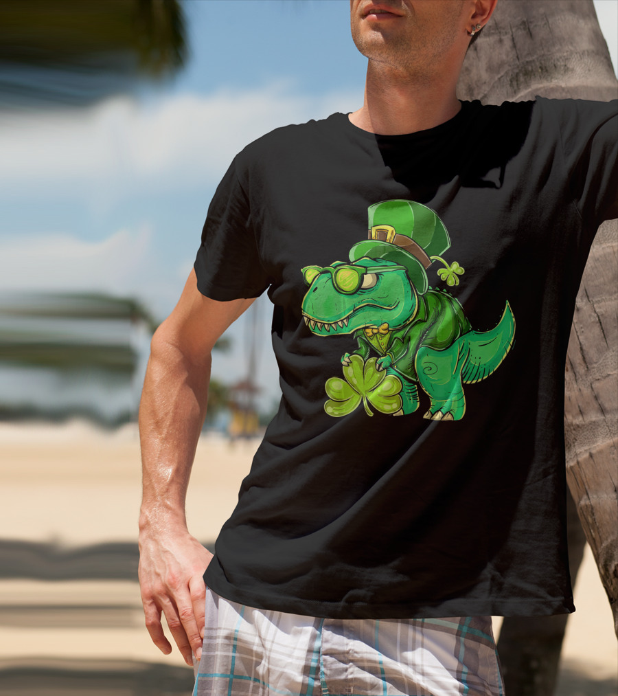 St Patricks Day Irish Dinosaur With Shamrock And Leprechaun Hat T-Shirt