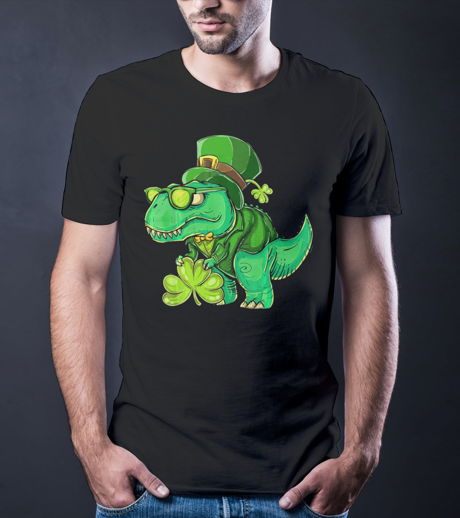 St Patricks Day Irish Dinosaur With Shamrock And Leprechaun Hat T-Shirt