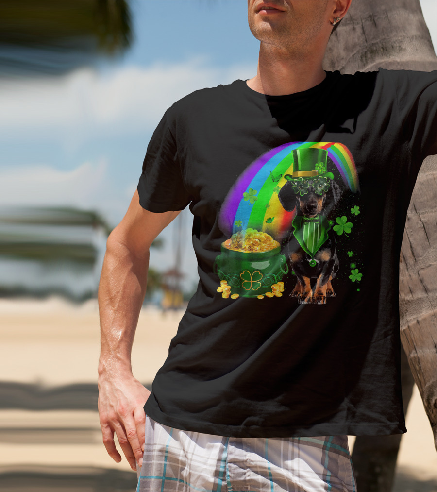 Dachshund Dog Irish Leprechaun With Pot Of Gold And Rainbow T-Shirt