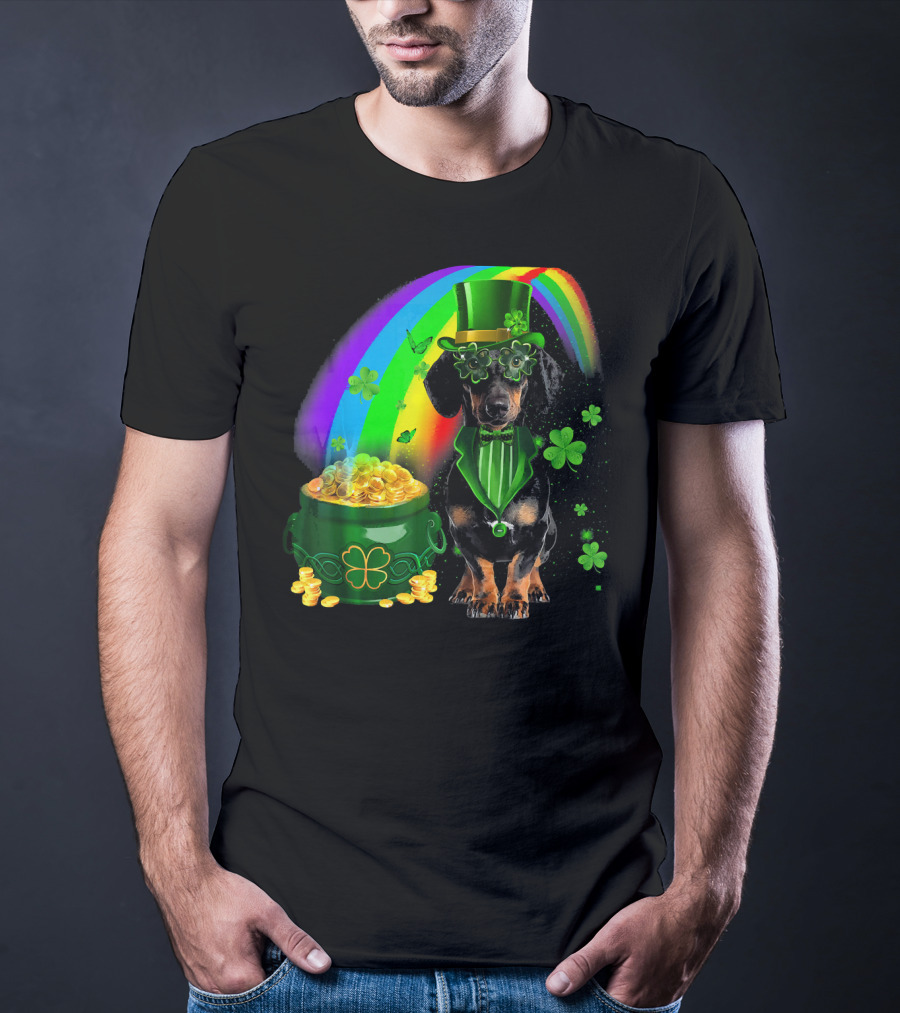Dachshund Dog Irish Leprechaun With Pot Of Gold And Rainbow T-Shirt