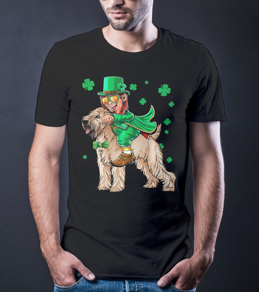 Leprechaun Riding Soft Coated Wheaten Terrier With Shamrocks T-Shirt