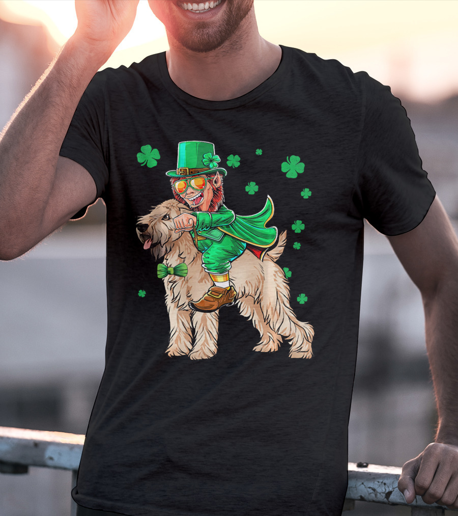 Leprechaun Riding Soft Coated Wheaten Terrier With Shamrocks T-Shirt