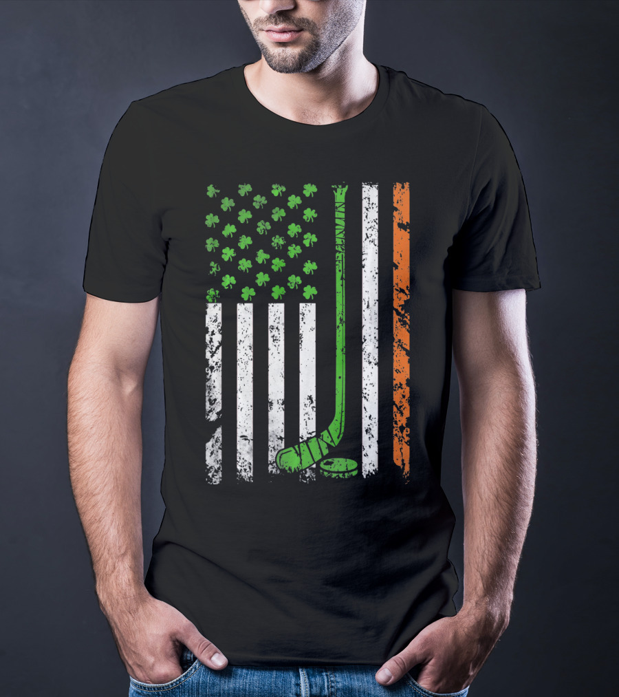 Irish American Hockey Flag With Shamrocks And Hockey Stick T-Shirt