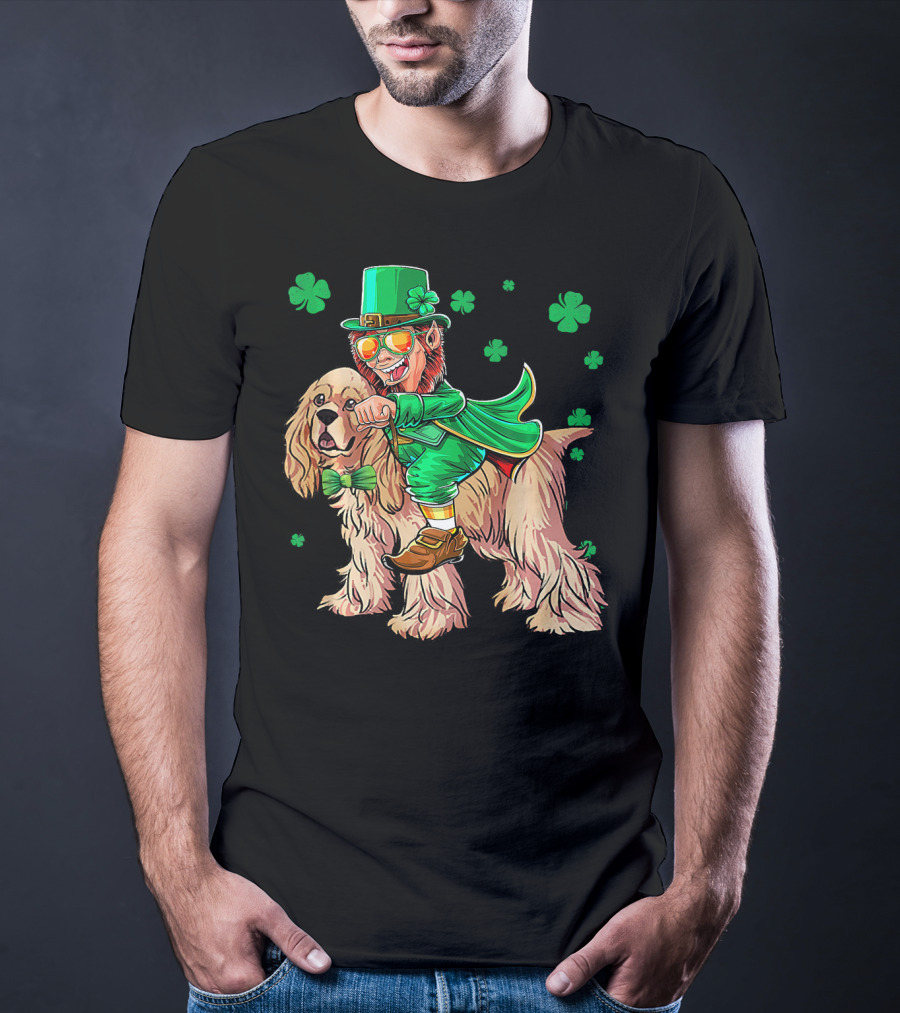 Leprechaun Riding Cocker Spaniel With Shamrocks T-Shirt