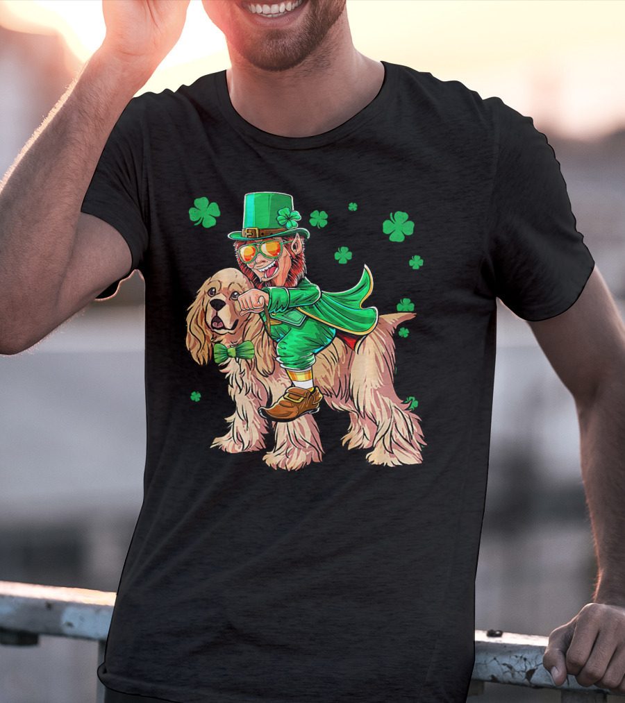 Leprechaun Riding Cocker Spaniel With Shamrocks T-Shirt