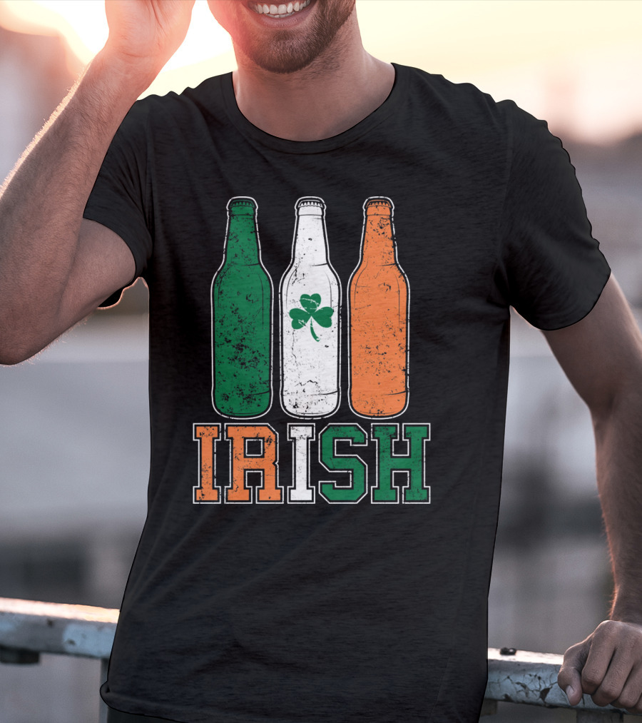IRISH St Paddys Day Drinking Bottles With Shamrock Flag T-Shirt