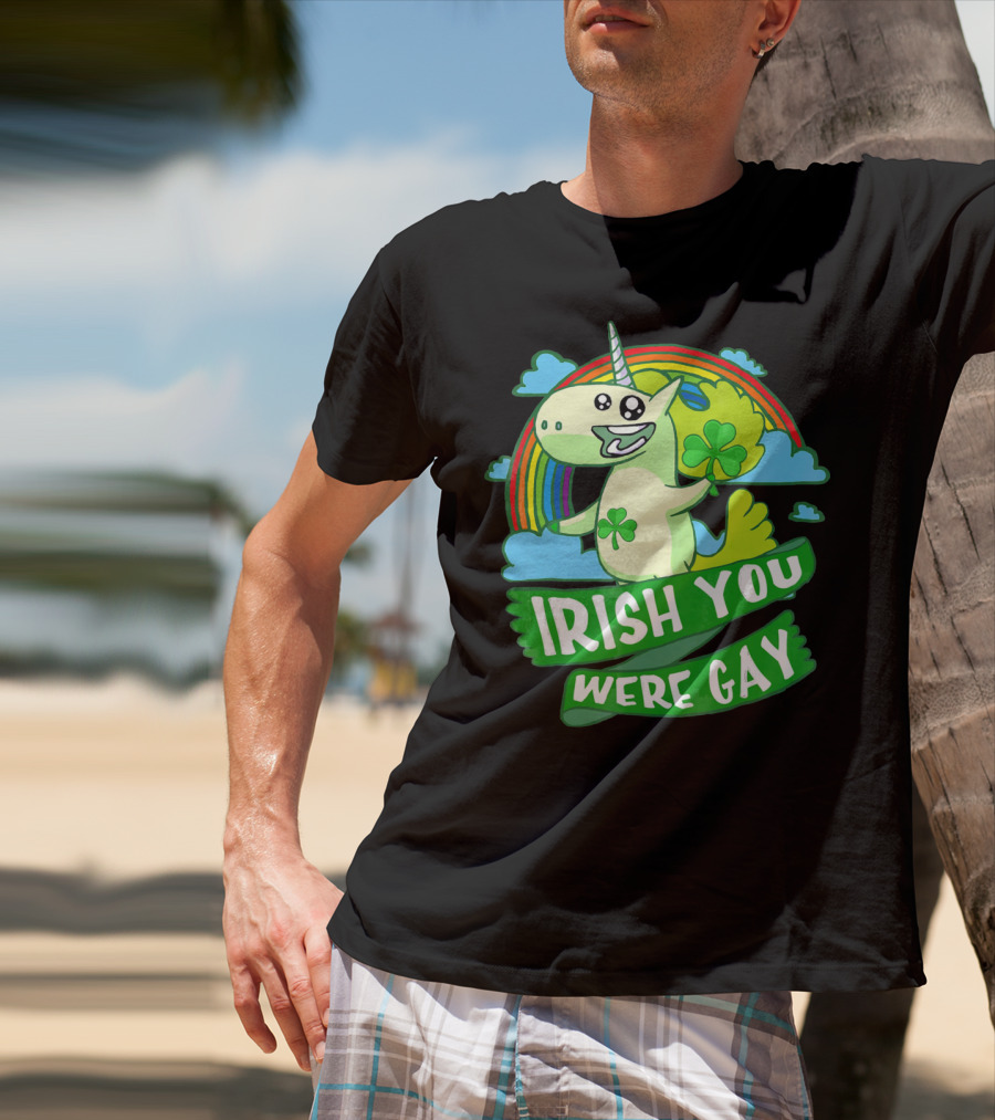 Unicorn Irish You Were Gay Rainbow Shamrock Clouds T-Shirt