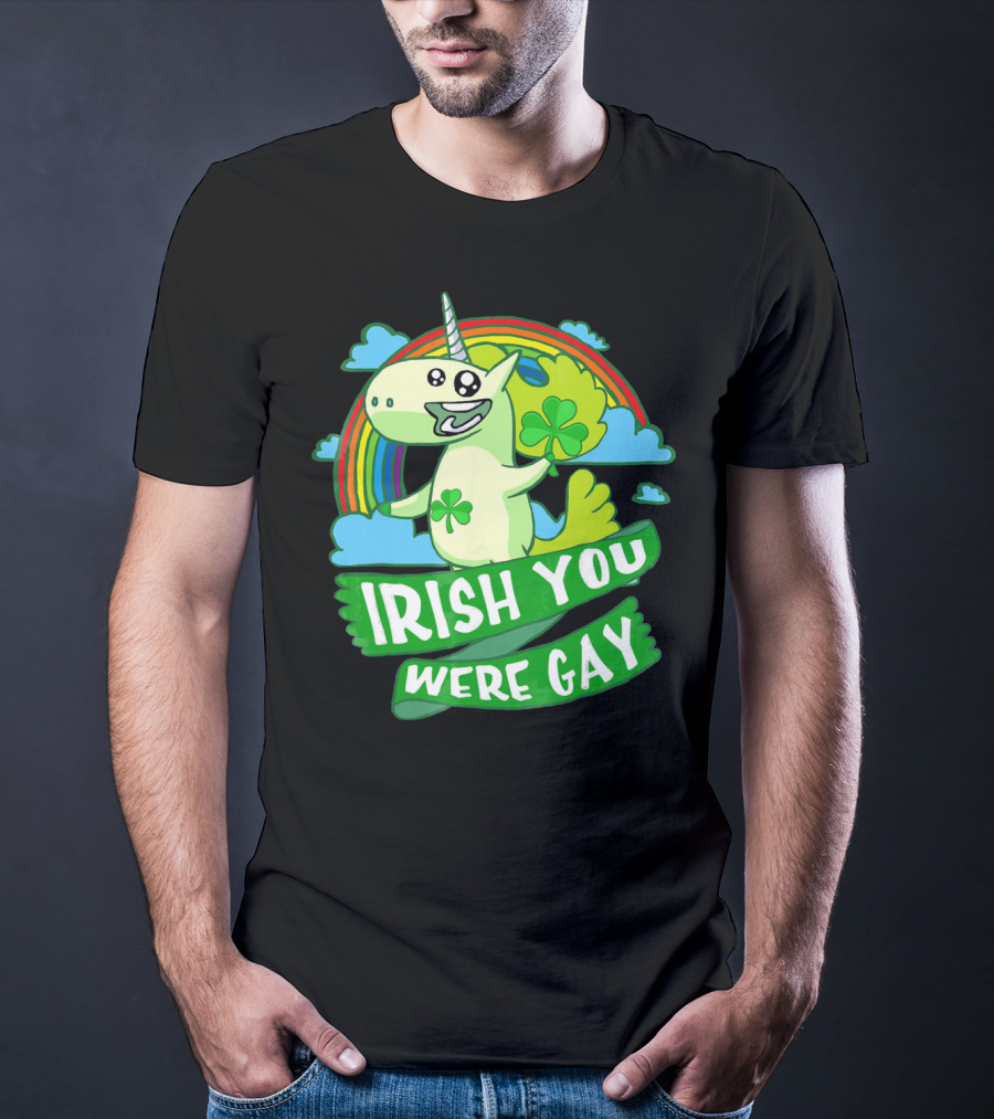 Unicorn Irish You Were Gay Rainbow Shamrock Clouds T-Shirt