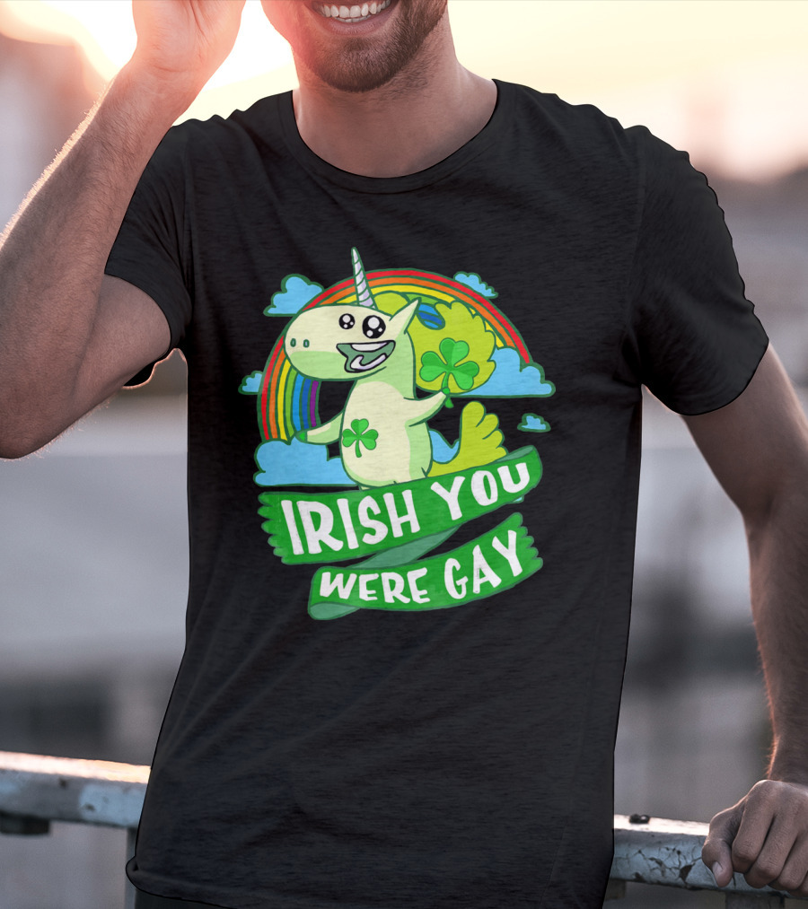 Unicorn Irish You Were Gay Rainbow Shamrock Clouds T-Shirt