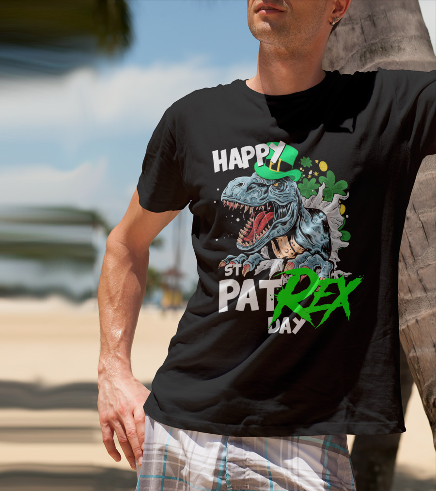 St Patricks Day Rex Happy Pat With Leprechaun Hat And Shamrocks T-Shirt