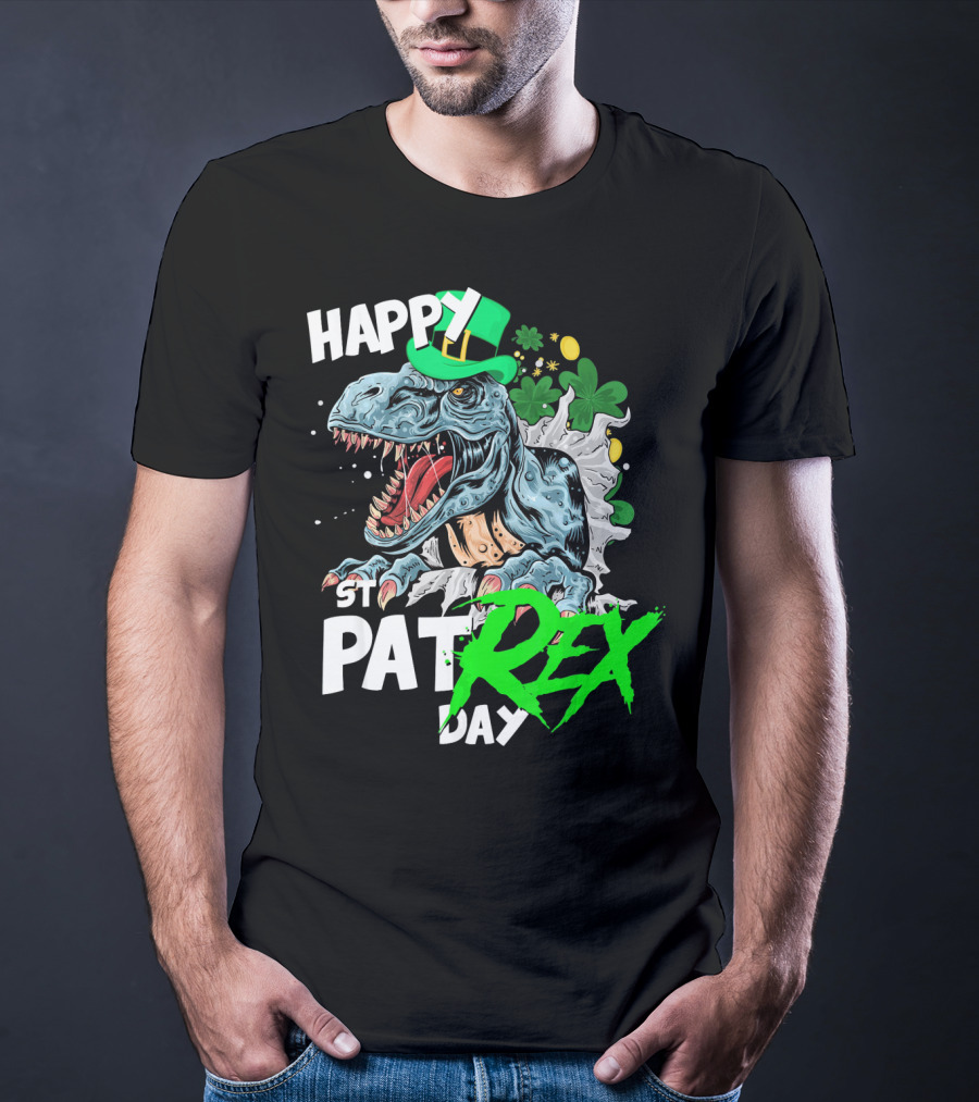 St Patricks Day Rex Happy Pat With Leprechaun Hat And Shamrocks T-Shirt