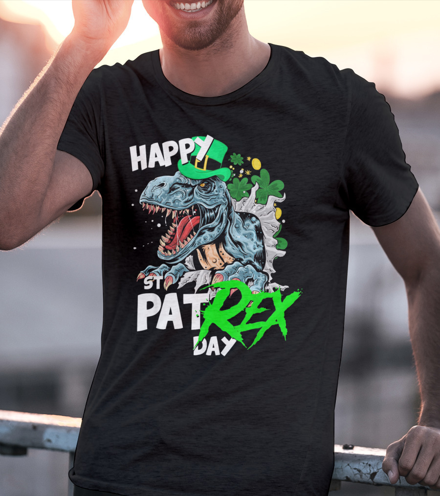 St Patricks Day Rex Happy Pat With Leprechaun Hat And Shamrocks T-Shirt