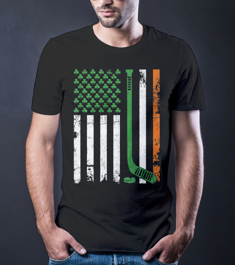 Irish American Flag Shamrock Hockey Stick T-Shirt