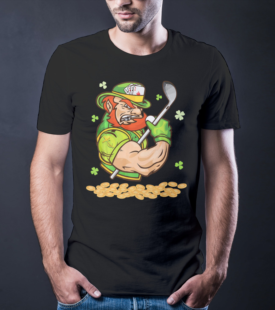 Leprechaun Swinging Golf Club Surrounded By Shamrocks And Gold Coins T-Shirt
