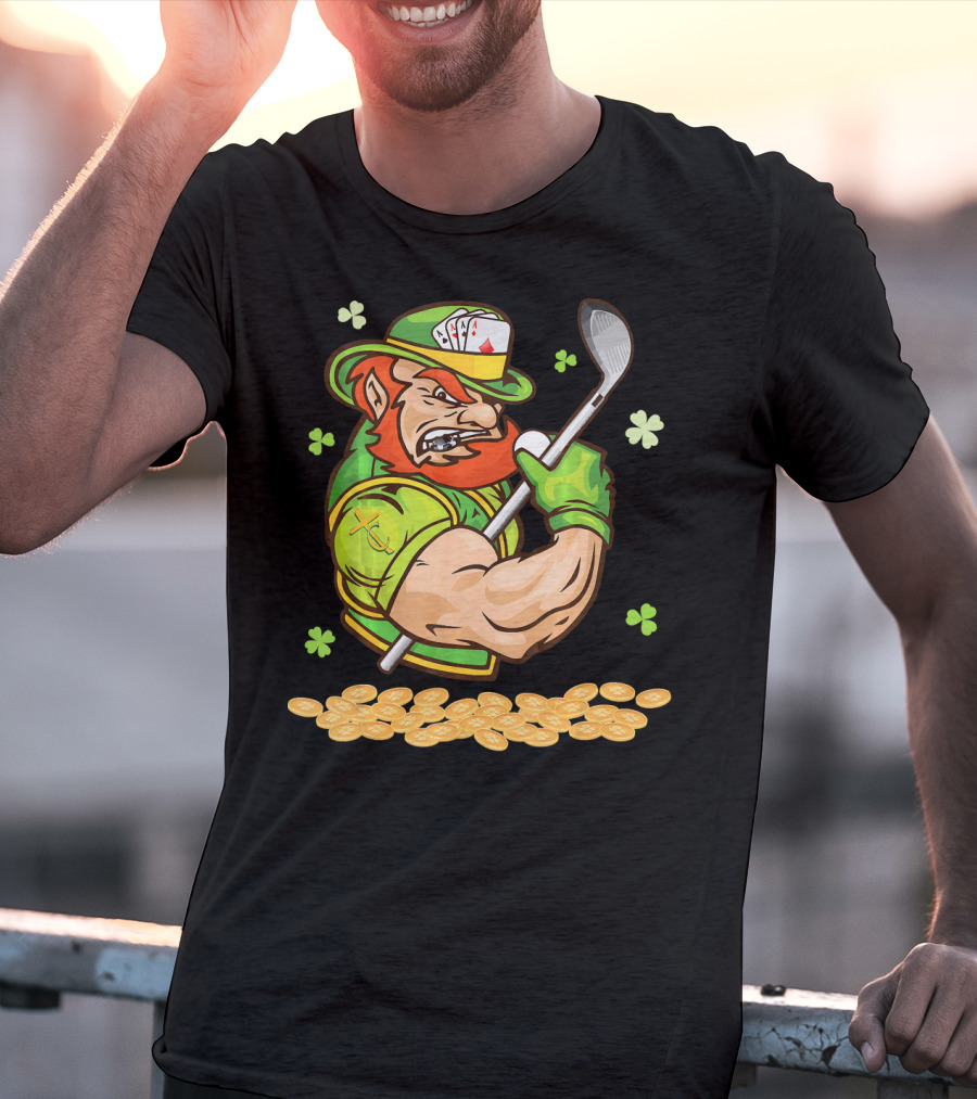 Leprechaun Swinging Golf Club Surrounded By Shamrocks And Gold Coins T-Shirt