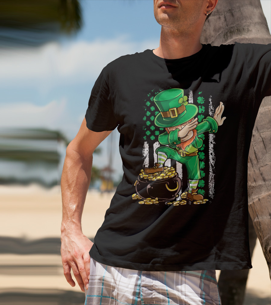 Dabbing Leprechaun With Shamrocks And Gold Coins Irish American T-Shirt