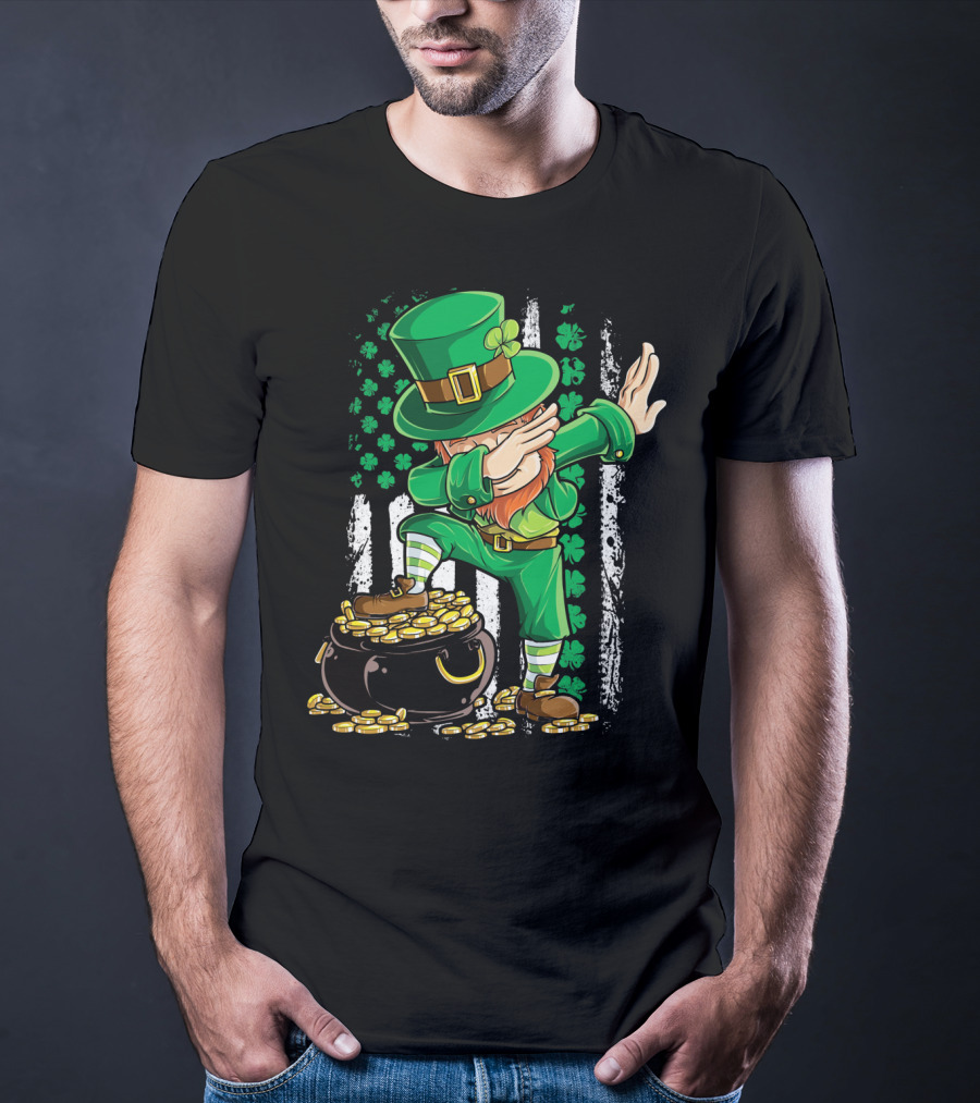 Dabbing Leprechaun With Shamrocks And Gold Coins Irish American T-Shirt