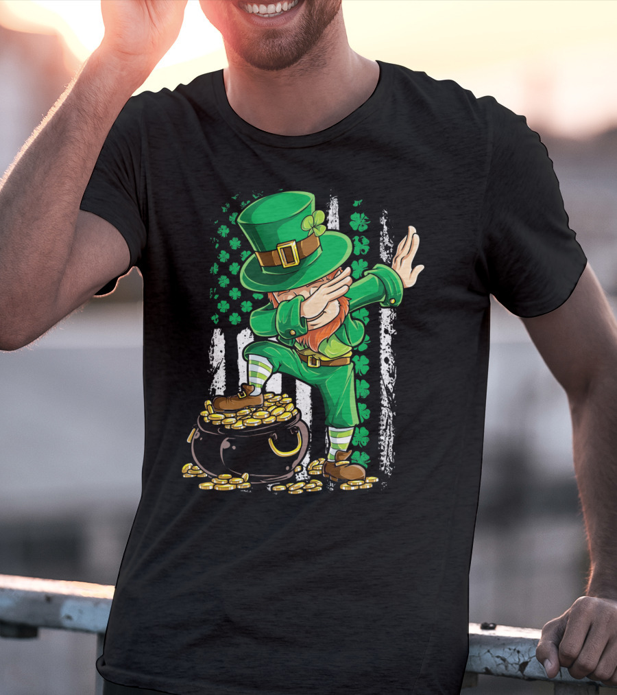 Dabbing Leprechaun With Shamrocks And Gold Coins Irish American T-Shirt