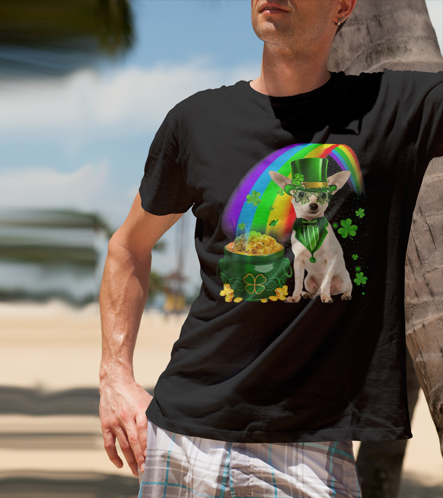 Chihuahua Irish Leprechaun With Shamrock And Rainbow Coin Pot T-Shirt