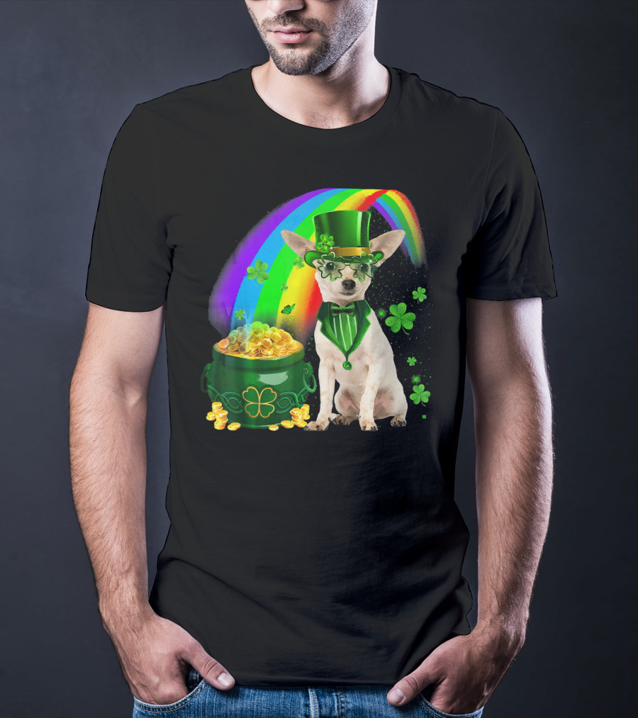 Chihuahua Irish Leprechaun With Shamrock And Rainbow Coin Pot T-Shirt