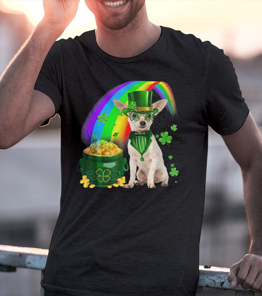 Chihuahua Irish Leprechaun With Shamrock And Rainbow Coin Pot T-Shirt