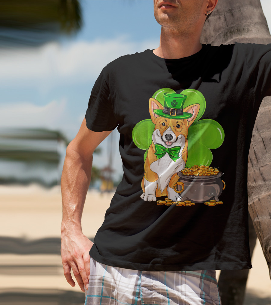 Pembroke Welsh Corgi St Patricks Day Leprechaun Hat Shamrock Pot Of Gold T-Shirt
