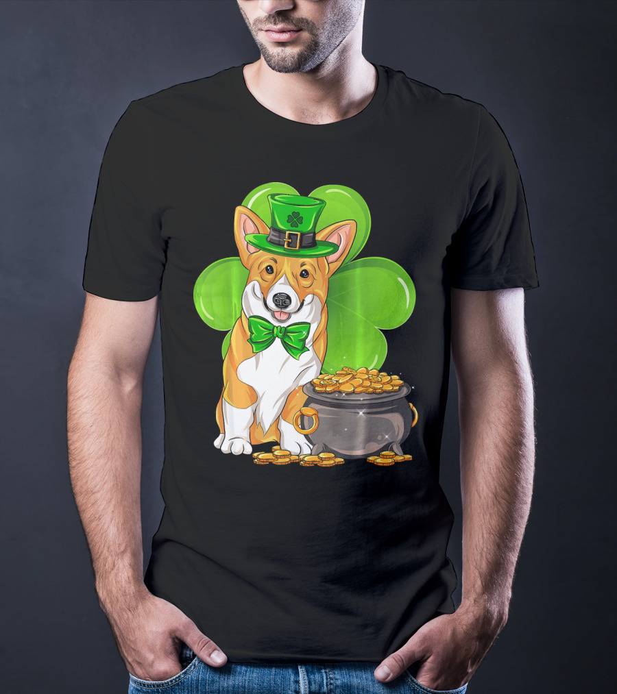 Pembroke Welsh Corgi St Patricks Day Leprechaun Hat Shamrock Pot Of Gold T-Shirt