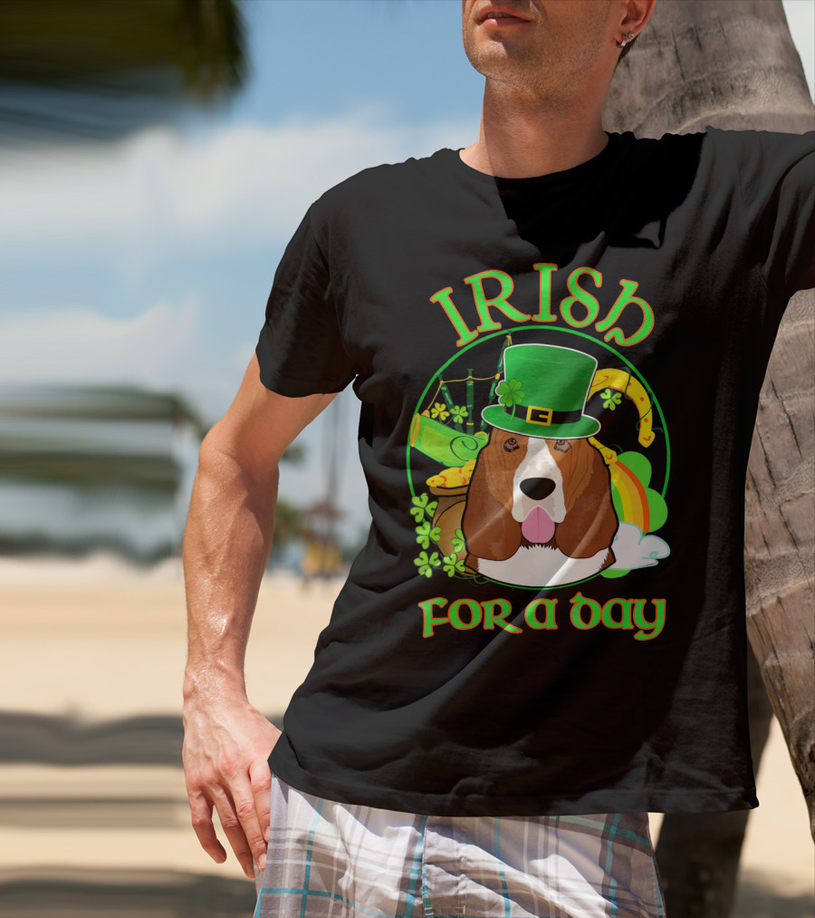 Irish For A Day Basset Hound Dog With Leprechaun Hat And Shamrocks T-Shirt