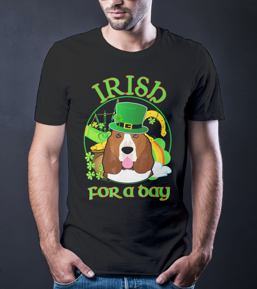 Irish For A Day Basset Hound Dog With Leprechaun Hat And Shamrocks T-Shirt