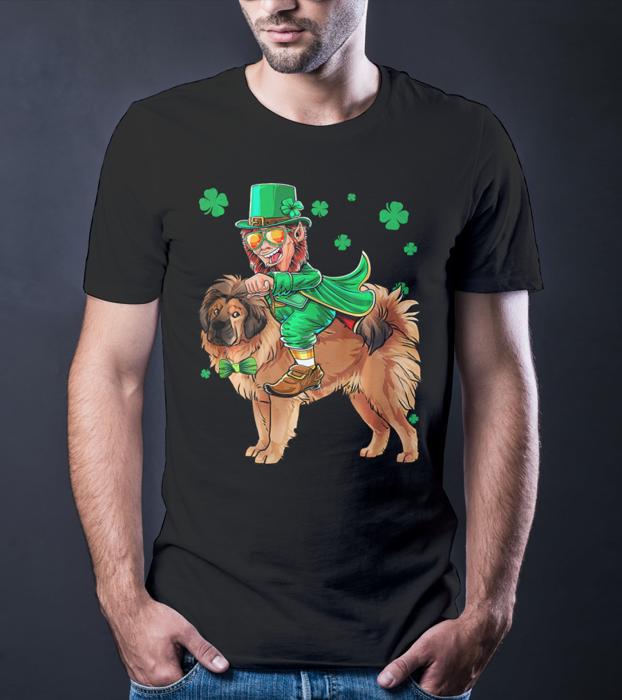 Leprechaun Riding Tibetan Mastiff With Shamrocks T-Shirt
