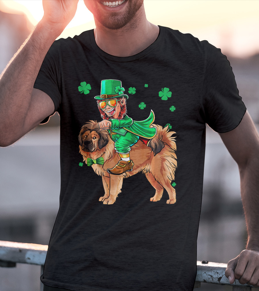 Leprechaun Riding Tibetan Mastiff With Shamrocks T-Shirt