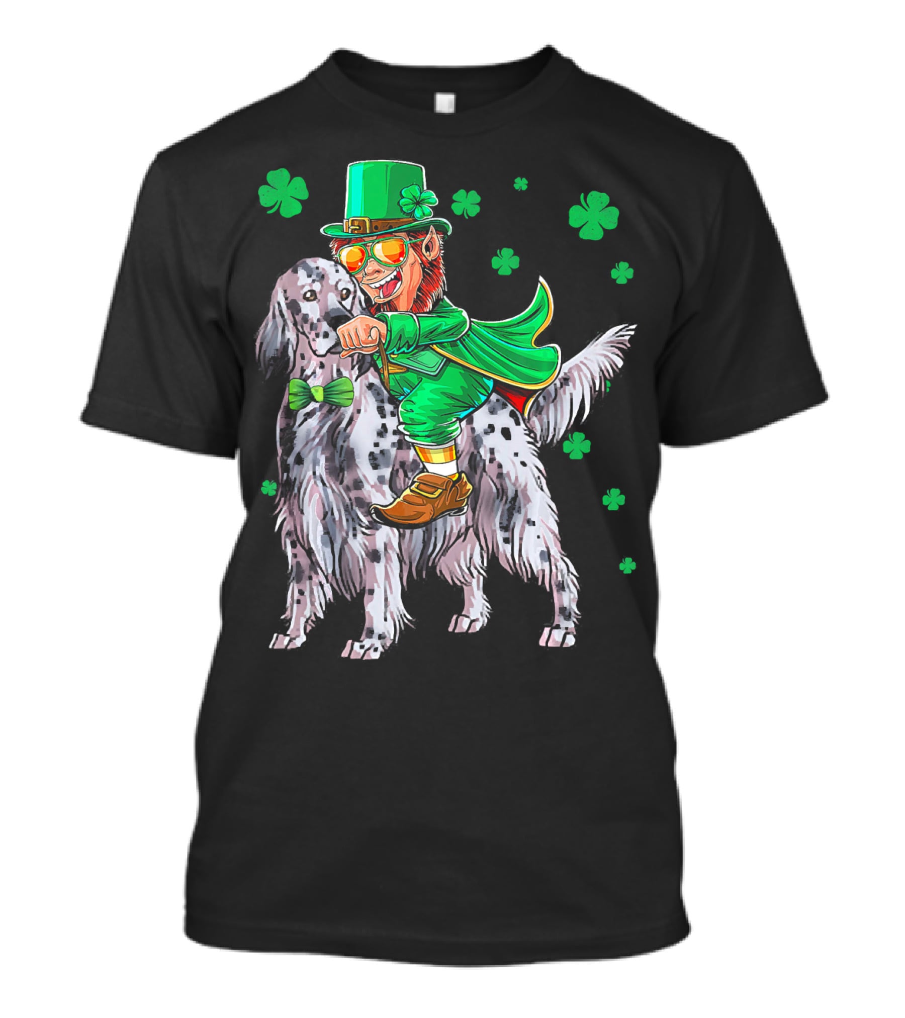 Leprechaun Riding English Setter With Shamrocks T-Shirt