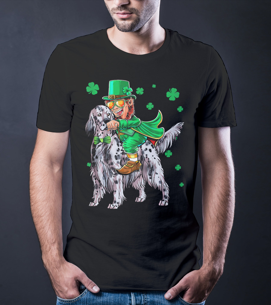 Leprechaun Riding English Setter With Shamrocks T-Shirt