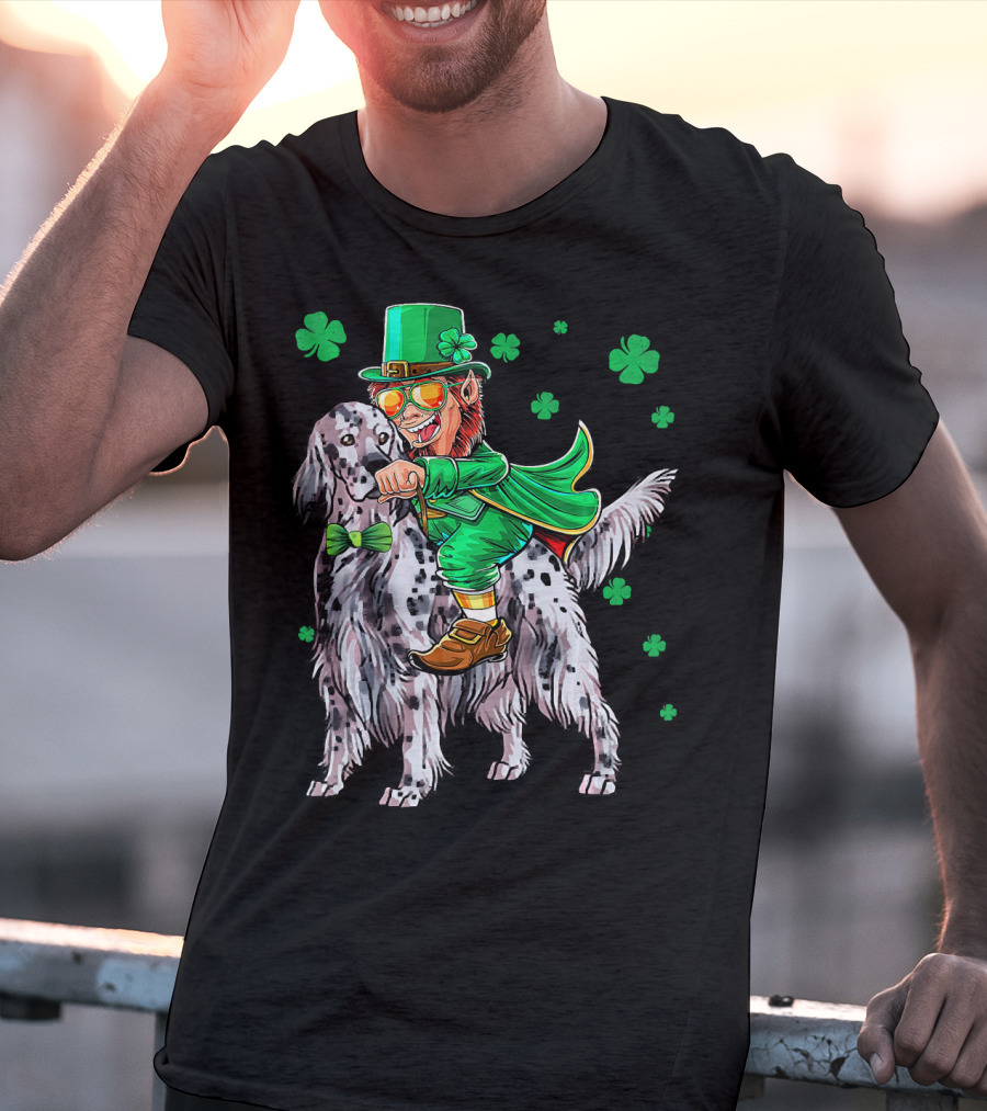 Leprechaun Riding English Setter With Shamrocks T-Shirt