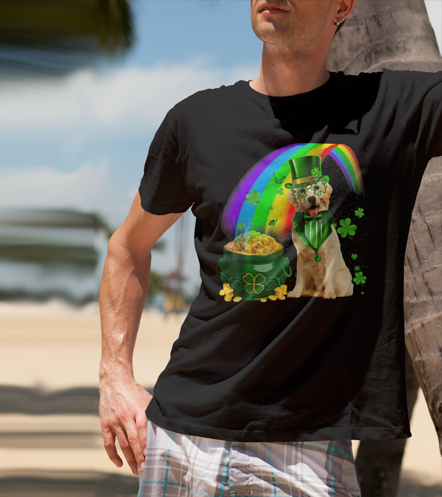 Golden Retrievers Dog Irish Leprechaun Rainbow Gold T-Shirt