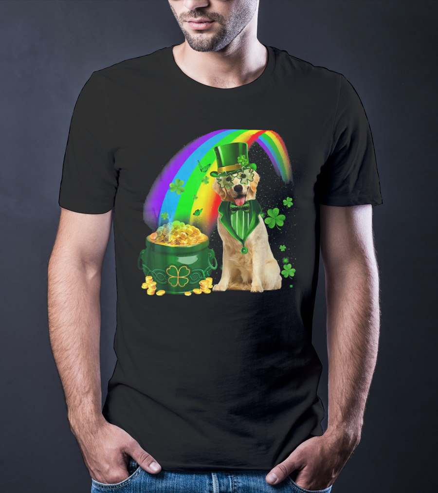 Golden Retrievers Dog Irish Leprechaun Rainbow Gold T-Shirt