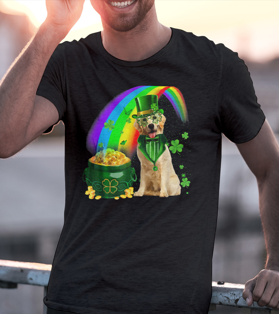 Golden Retrievers Dog Irish Leprechaun Rainbow Gold T-Shirt