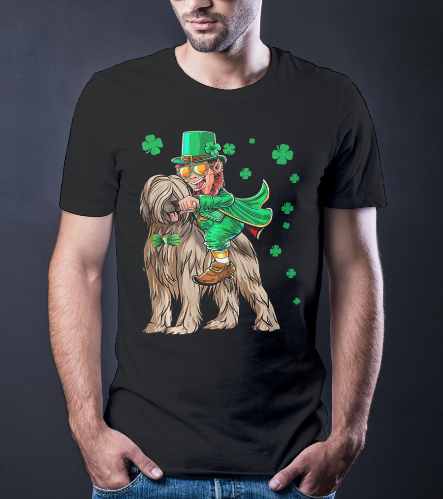 Leprechaun With Briard Surrounded By Shamrocks For St. Patrick's Day T-Shirt