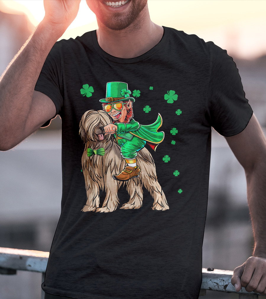Leprechaun With Briard Surrounded By Shamrocks For St. Patrick's Day T-Shirt
