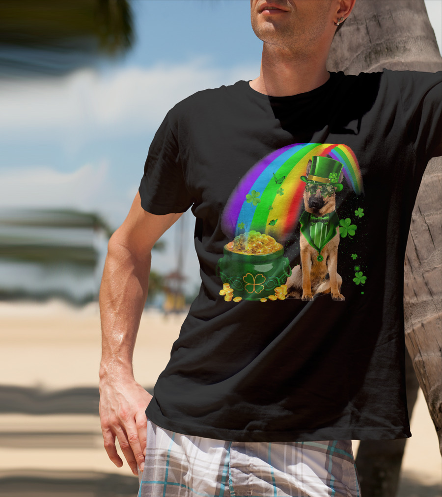 German Shepherd Irish Leprechaun Rainbow Pot Of Gold Shamrock T-Shirt