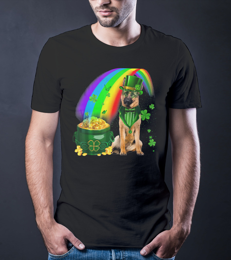German Shepherd Irish Leprechaun Rainbow Pot Of Gold Shamrock T-Shirt