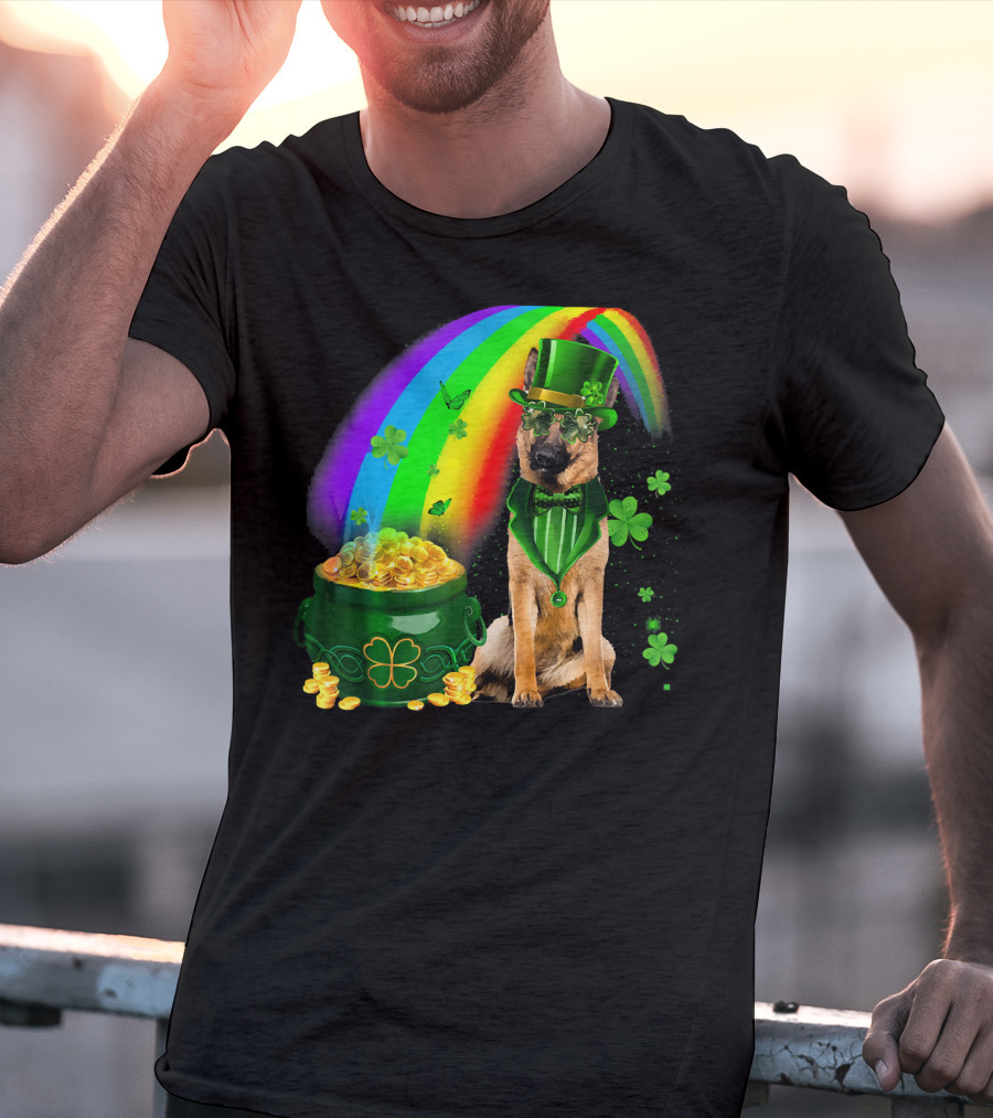 German Shepherd Irish Leprechaun Rainbow Pot Of Gold Shamrock T-Shirt