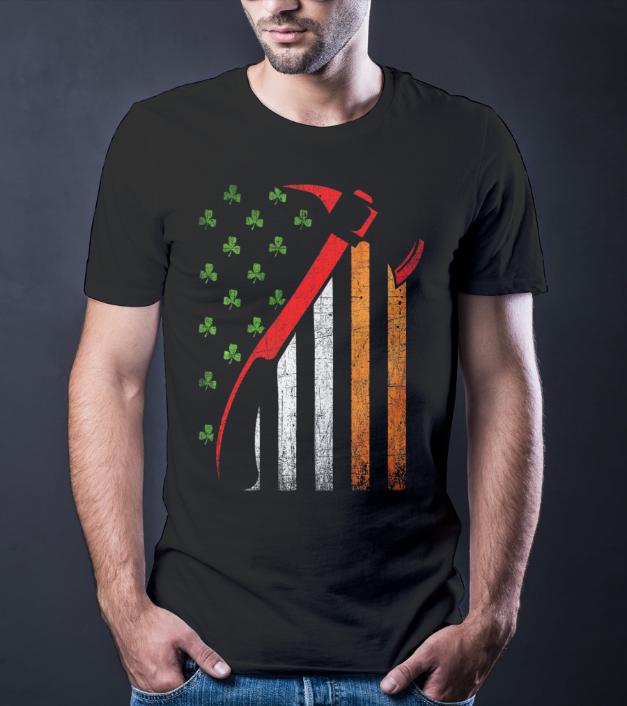 Firefighter Irish American Flag St Patrick's Day Axe Shamrock T-Shirt
