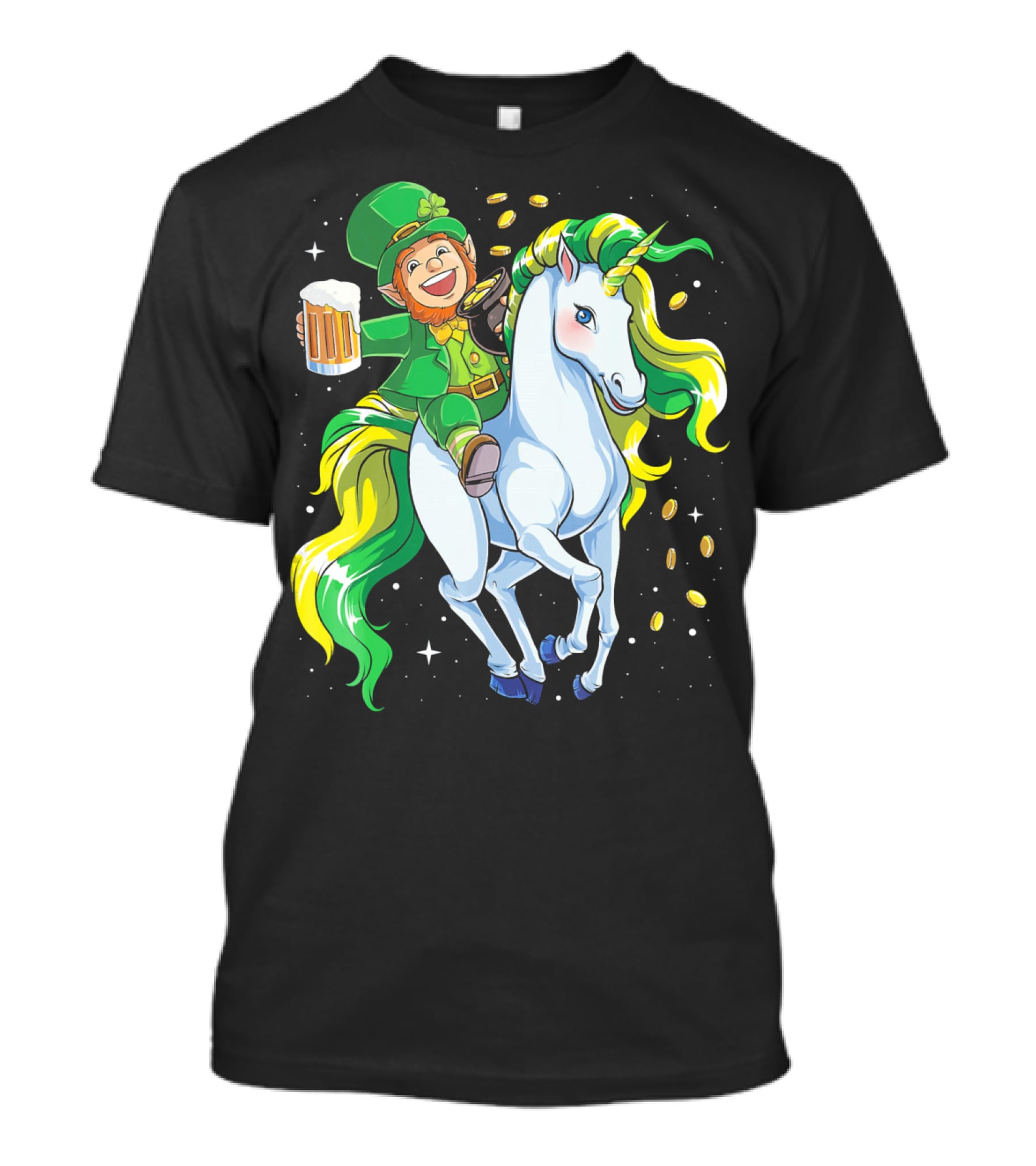 Leprechaun Riding Unicorn With Beer And Coins T-Shirt