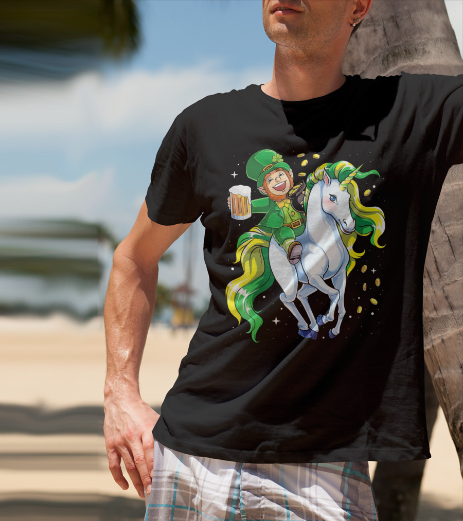 Leprechaun Riding Unicorn With Beer And Coins T-Shirt