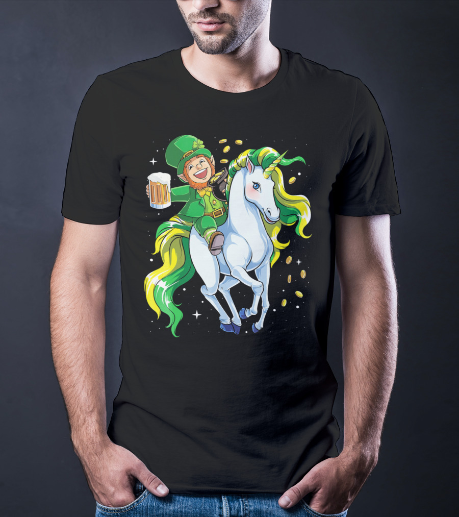 Leprechaun Riding Unicorn With Beer And Coins T-Shirt