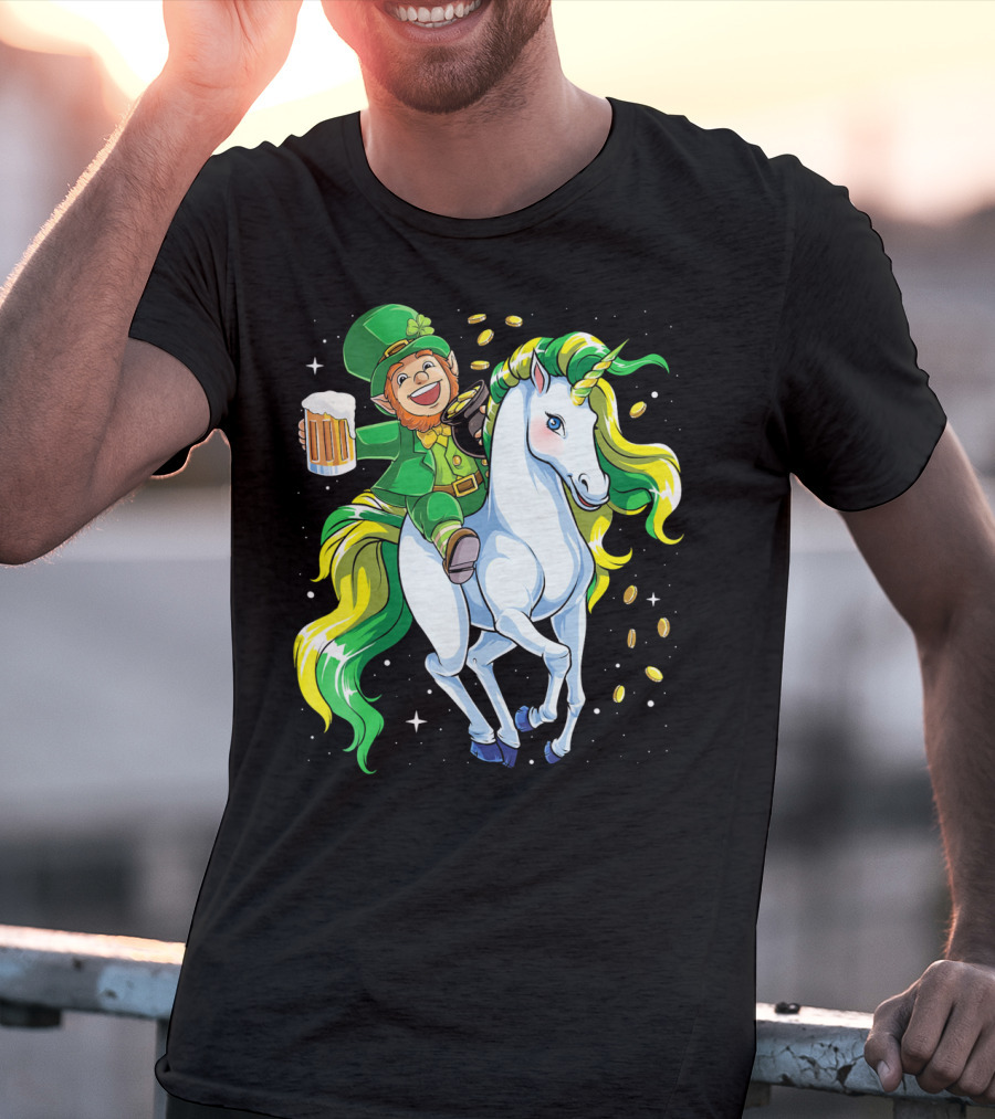 Leprechaun Riding Unicorn With Beer And Coins T-Shirt