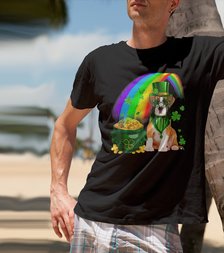 Boxer Dog Irish Leprechaun Coin Rainbow Clover Saint Patrick's Day T-Shirt