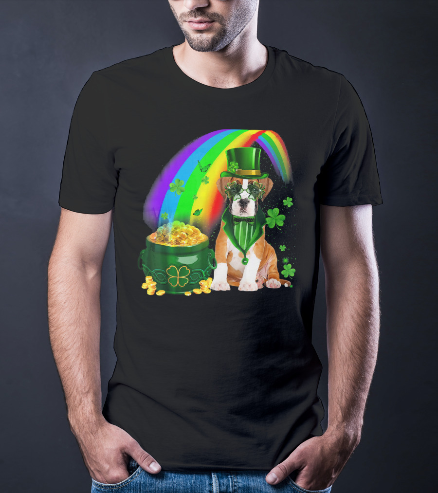 Boxer Dog Irish Leprechaun Coin Rainbow Clover Saint Patrick's Day T-Shirt